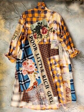 Designer Upcycled Kimono Duster Buttondown Flannel Top Artisan Cottage Appliqué